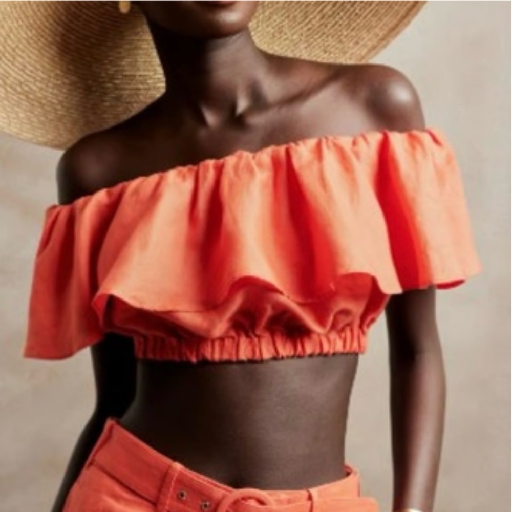 Women's Off-Shoulder Ruffle Crop Top - Orange